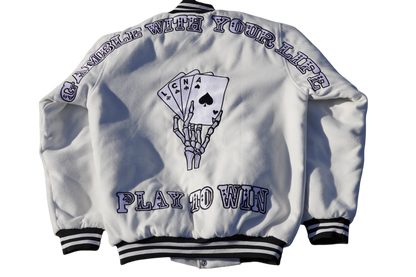 Gamble With Your Life Varsity Jacket (White)