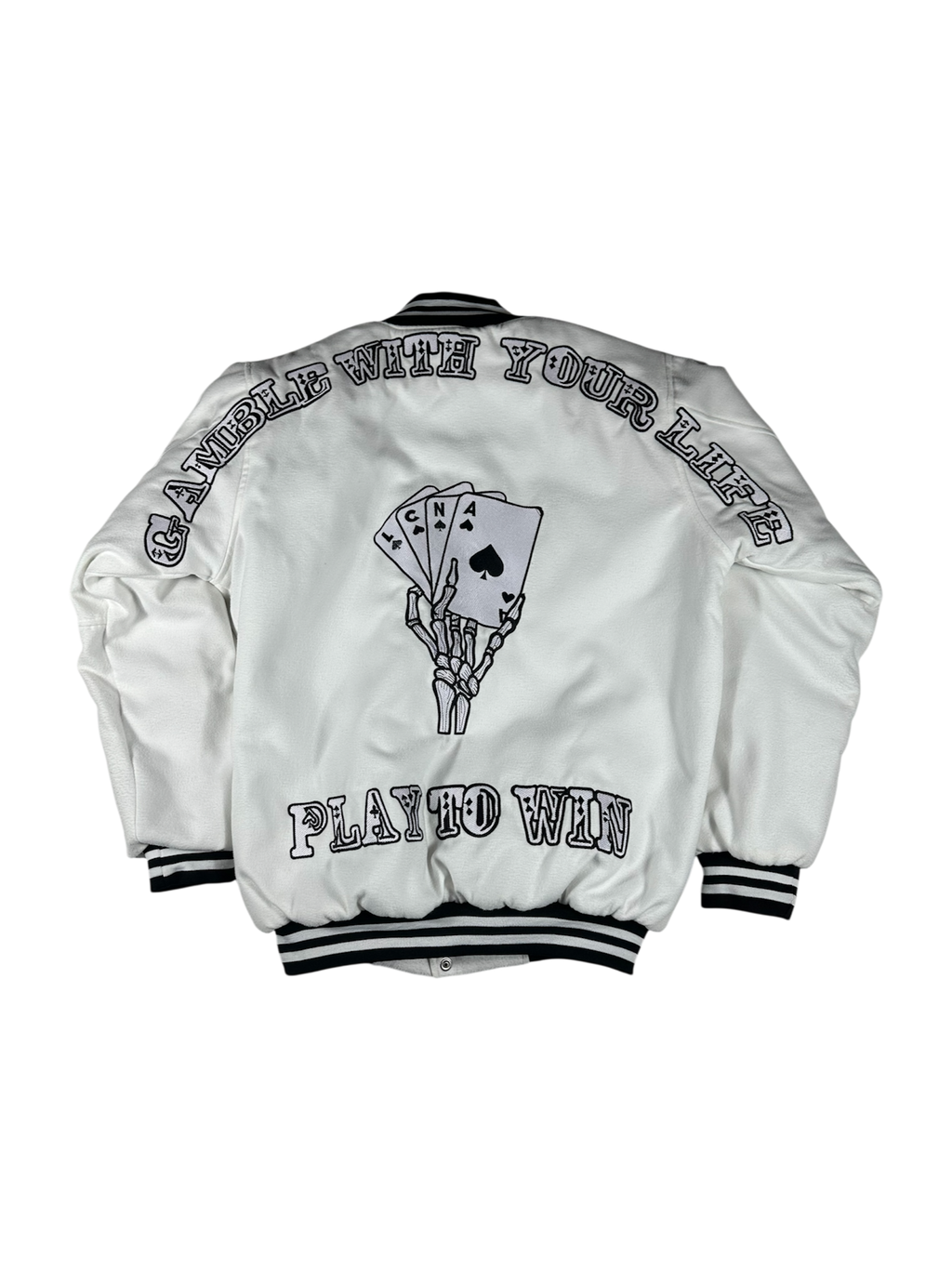 Gamble With Your Life Varsity Jacket (White)