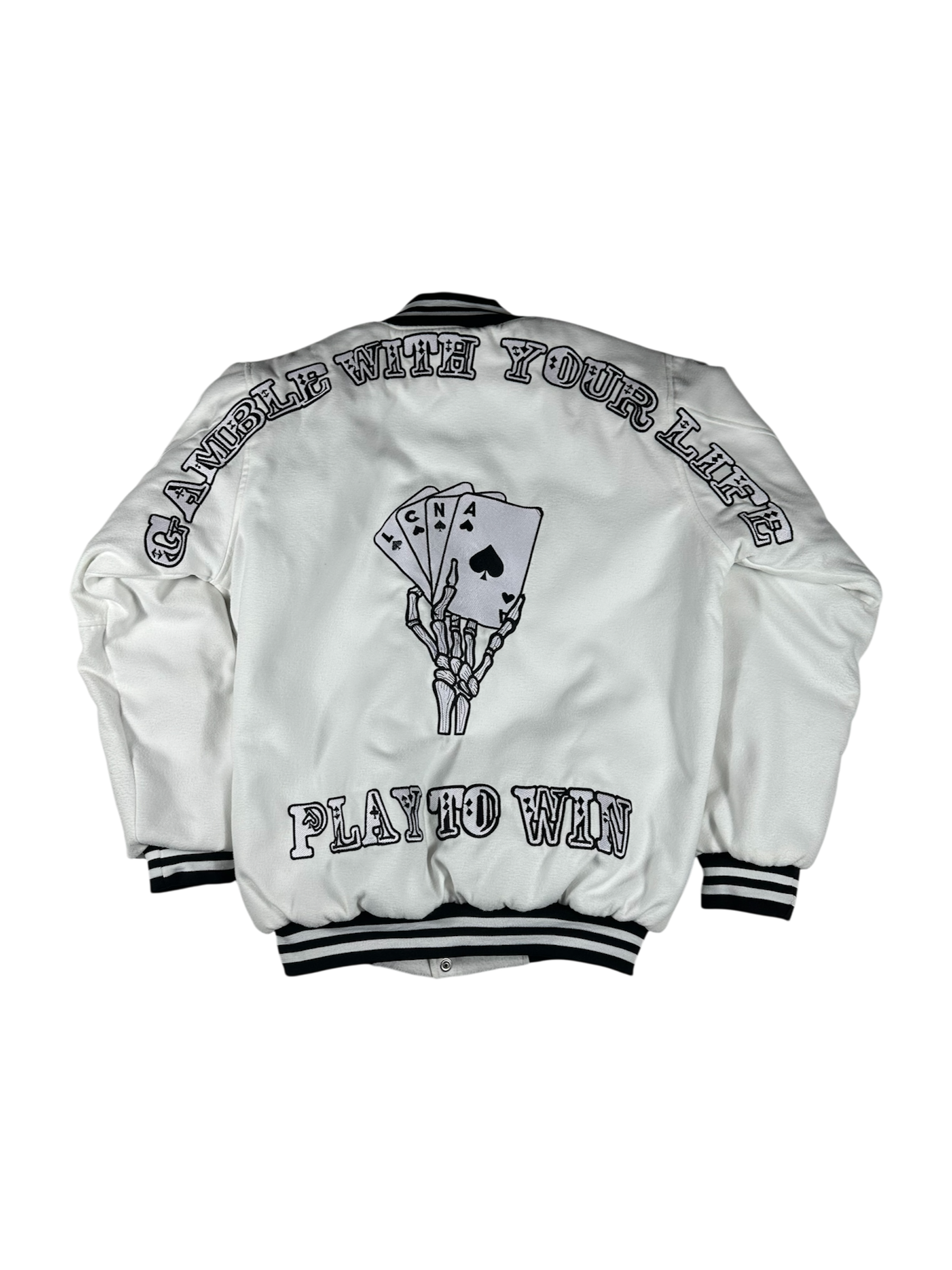 Gamble With Your Life Varsity Jacket (White)